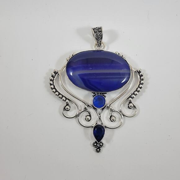 Blue Banded Agate Pendant – With Sapphire Quartz Accent + 20" Silver Chain - Picture 10 of 10